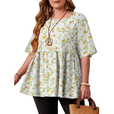 JuneFish Women's Plus Size Tops Short Sleeve Shirts Causal Tee 1X