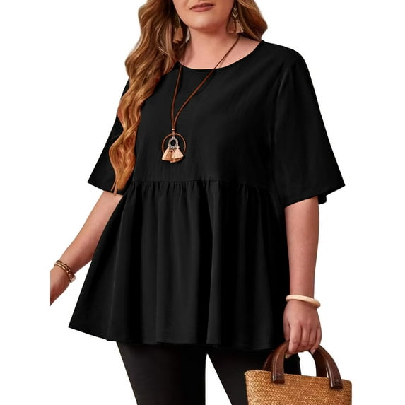 JuneFish Women's Plus Size Tops Short Sleeve Shirts Causal Tee Black 1X