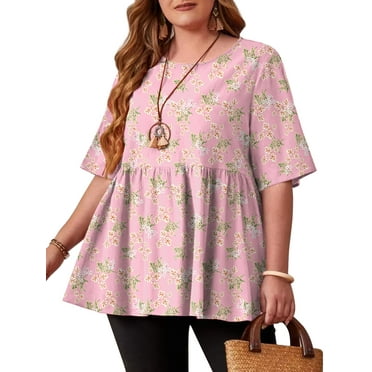 JuneFish Women's Plus Size Tops Short Sleeve Shirts Causal Tee Pink Floret 0X
