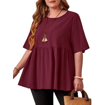 JuneFish Women's Plus Size Tops Short Sleeve Shirts Causal Tee Wine Red 0X