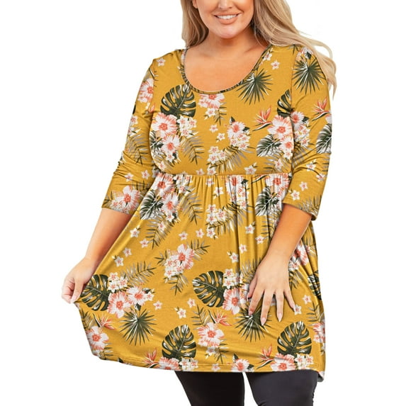 JuneFish Women's Plus Size Tunic 3/4 Sleeve Top Trendy Style Flowy Loose T-Shirt
