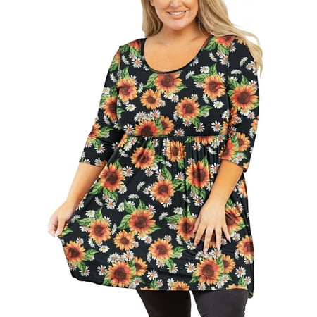 JuneFish Women's Plus Size Tunic 3/4 Sleeve Top Trendy Style Flowy Loose T-Shirt