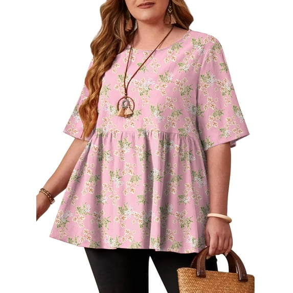 JuneFish Women's Plus Size Tunic Short Sleeve Top Trendy Style Flowy Loose T-Shirt