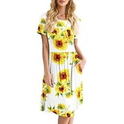 JuneFish Women's Summer Casual Short Sleeve Dresses Empire Waist Dress with Pockets