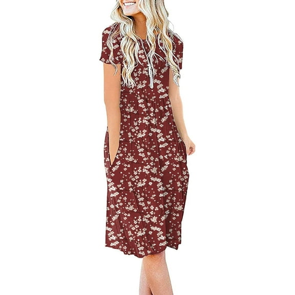 JuneFish Women's Summer Casual Short Sleeve Dressy Dresses Empire Waist Knee Length Dress with Pockets