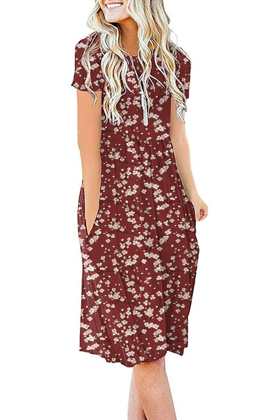 JuneFish Women's Summer Casual Short Sleeve Dressy Dresses Empire Waist Knee Length Dress with Pockets
