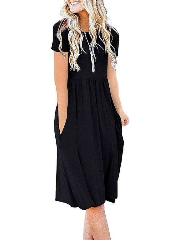 JuneFish Women's Summer Casual Short Sleeve Dressy Dresses Empire Waist Knee Length Dress with Pockets
