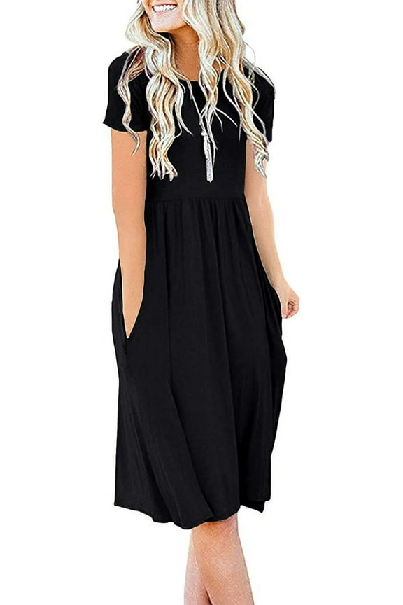 Women's Summer Casual Short Sleeve Dressy Dresses Empire Waist Knee Length Dress with Pockets