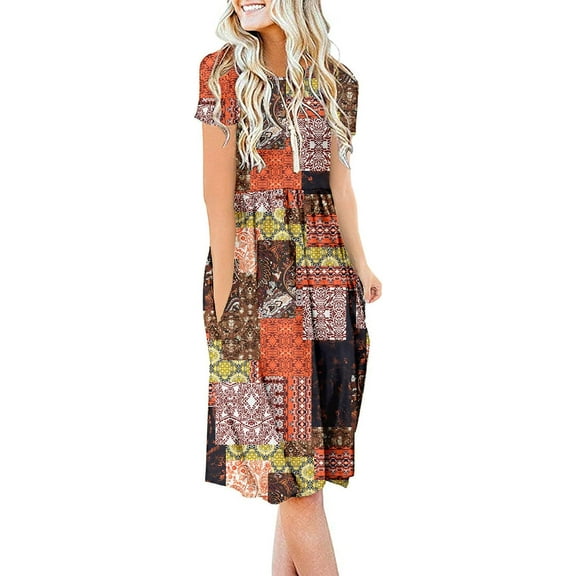 JuneFish Women's Summer Casual Short Sleeve Dressy Dresses Empire Waist Knee Length Dress with Pockets