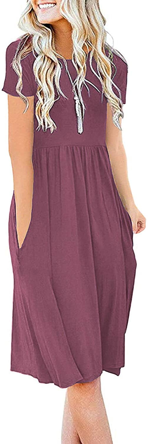 Women's Summer Casual Short Sleeve Dressy Dresses Empire Waist Knee Length Dress with Pockets