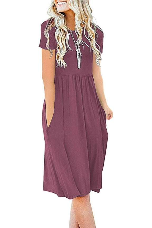 Women's Summer Casual Short Sleeve Dressy Dresses Empire Waist Knee Length Dress with Pockets