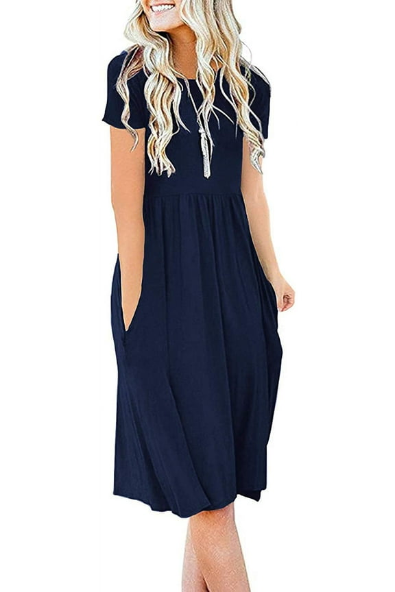 Women's Summer Casual Short Sleeve Dressy Dresses Empire Waist Knee Length Dress with Pockets