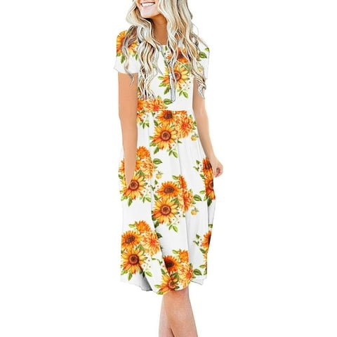 Women's Summer Casual Short Sleeve Dressy Dresses Empire Waist Knee Length Dress with Pockets