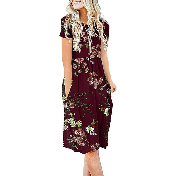 JuneFish Women's Summer Casual Short Sleeve Dressy Dresses Empire Waist Knee Length Dress with Pockets