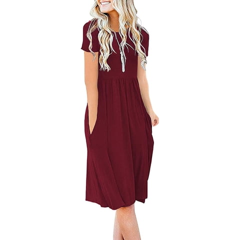 JuneFish Women's Summer Casual Short Sleeve Dressy Dresses Empire Waist Knee Length Dress with Pockets