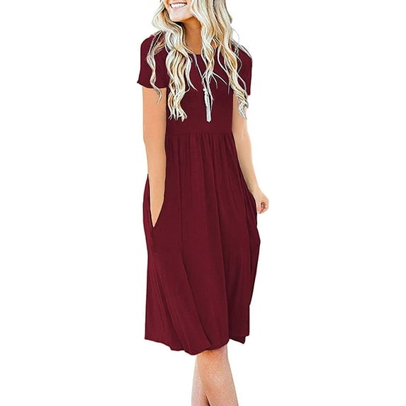 JuneFish Women's Summer Casual Short Sleeve Dressy Dresses Empire Waist Knee Length Dress with Pockets