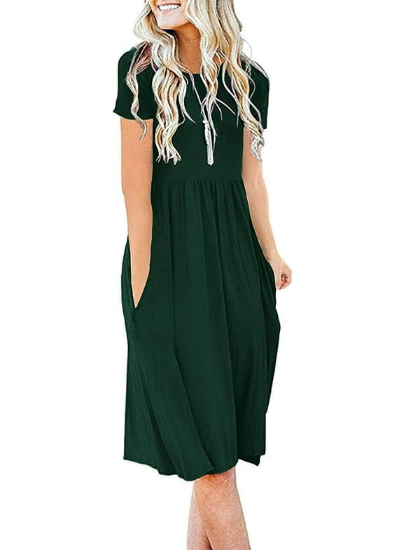 Women's Summer Casual Short Sleeve Dressy Dresses Empire Waist Knee Length Dress with Pockets
