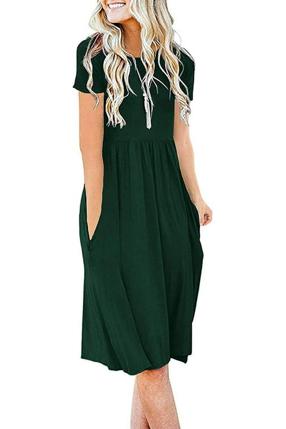 Women's Summer Casual Short Sleeve Dressy Dresses Empire Waist Knee Length Dress with Pockets