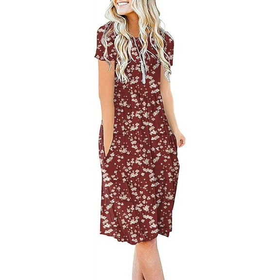 JuneFish Women's Summer Casual Short Sleeve Dressy Dresses Empire Waist Knee Length Dress with Pockets
