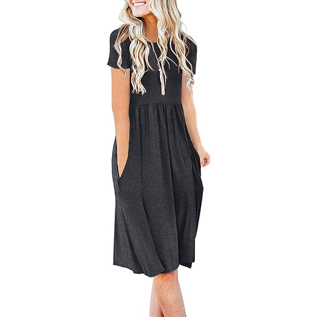 JuneFish Women's Summer Casual Short Sleeve Dressy Dresses Empire Waist Knee Length Dress with Pockets