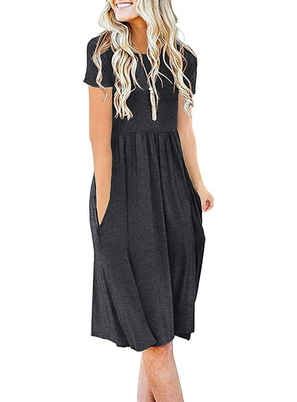 Women's Summer Casual Short Sleeve Dressy Dresses Empire Waist Knee Length Dress with Pockets