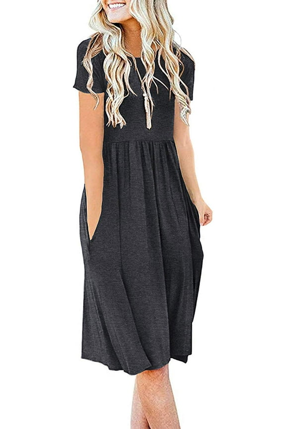 Women's Summer Casual Short Sleeve Dressy Dresses Empire Waist Knee Length Dress with Pockets