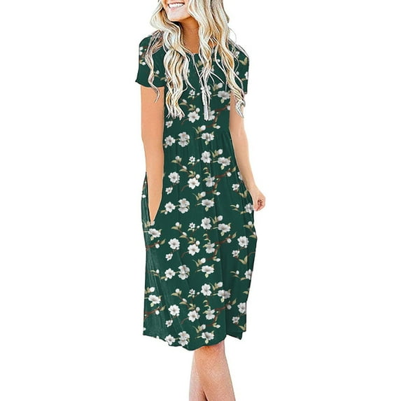 JuneFish Women's Summer Casual Short Sleeve Dressy Dresses Empire Waist Knee Length Dress with Pockets