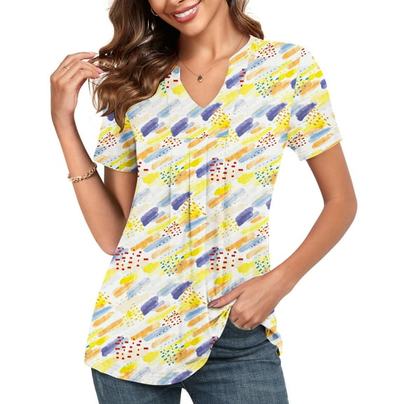 JuneFish Women's Summer Floral Tunic Tops Short Sleeve V Neck Casual Pleated Blouse