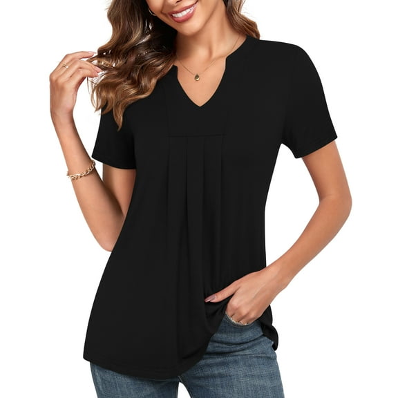 JuneFish Women's Summer Floral Tunic Tops Short Sleeve V Neck Casual Pleated Blouse