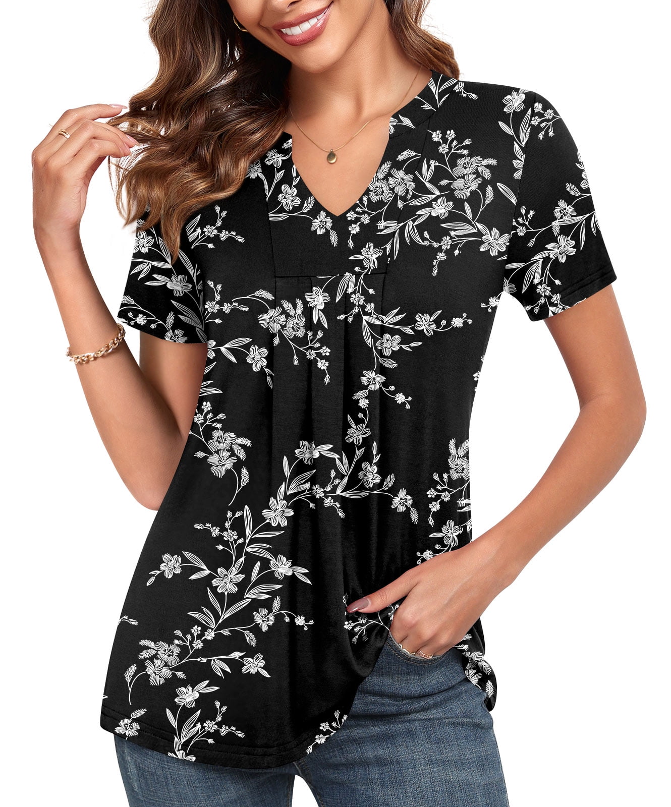 JuneFish Women's Summer Floral Tunic Tops Short Sleeve V Neck Casual ...