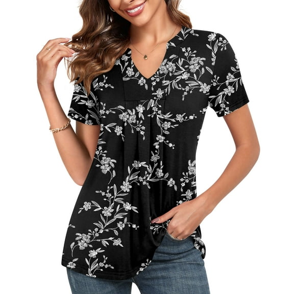 JuneFish Women's Summer Floral Tunic Tops Short Sleeve V Neck Casual Pleated Blouse