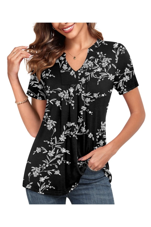 Women's Summer Floral Tunic Tops Short Sleeve V Neck Casual Pleated Blouse