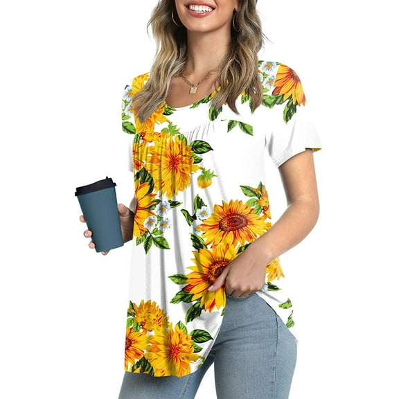 JuneFish Women's Summer Pleated Short Sleeve Tunic Tops Flare Blouse