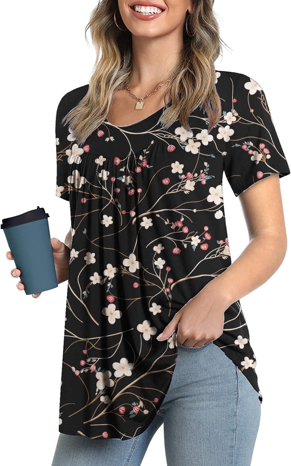 junefish women's summer pleated short sleeve tunic tops flare blouse