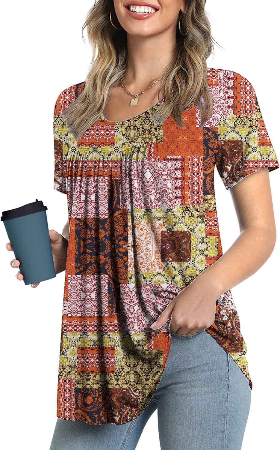 junefish women's summer pleated short sleeve tunic tops flare blouse