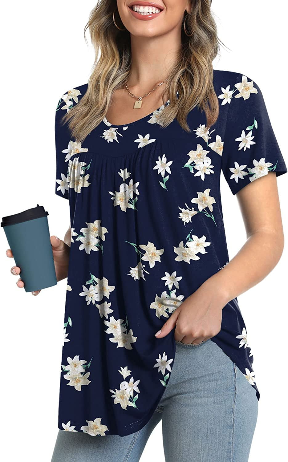 JuneFish Women's Summer Pleated Tops Casual Tee Hide Belly Shirts