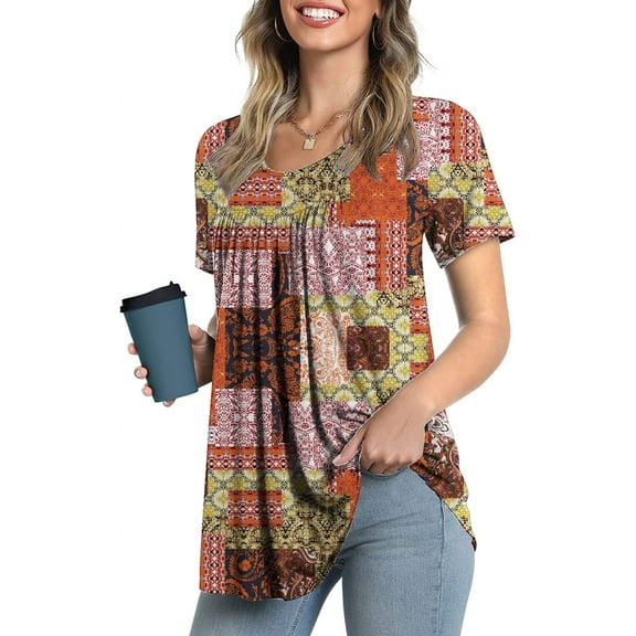 JuneFish Women's Summer Pleated Tops Casual Tee Hide Belly Shirts Blouse for Leggings