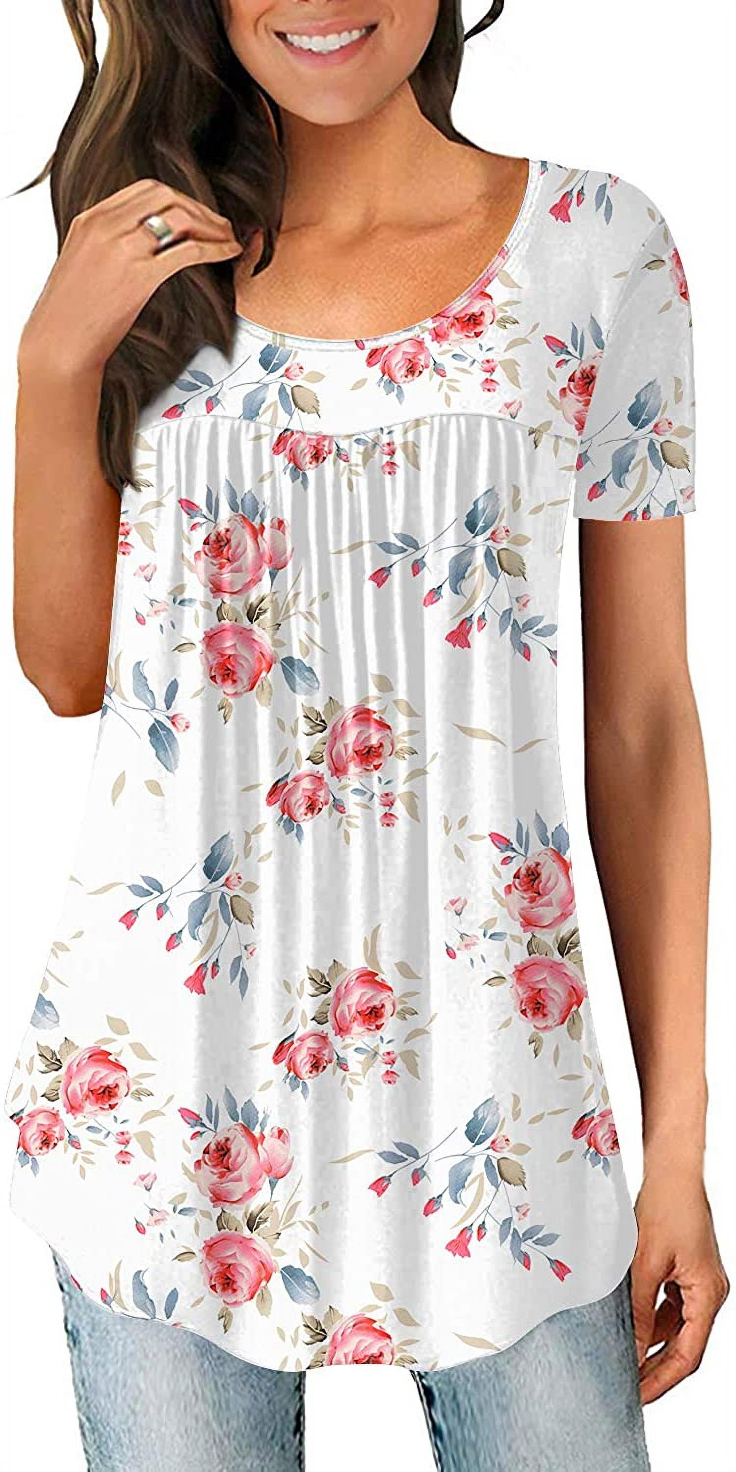 junefish women's summer pleated short sleeve tunic tops flare blouse