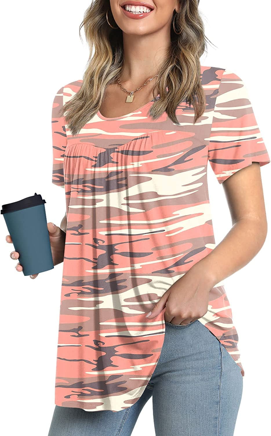 JuneFish Women's Summer Pleated Tops Casual Tee Hide Belly Shirts