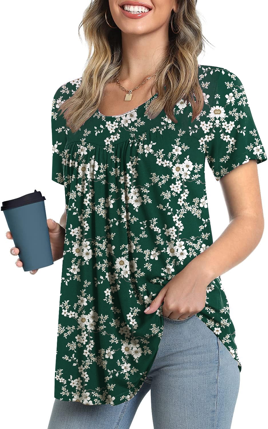 JuneFish Women's Summer Pleated Tops Casual Tee Hide Belly Shirts