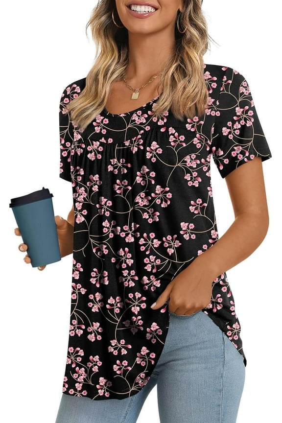 Women's Summer Pleated Tops Casual Tee Hide Belly Shirts Blouse for Leggings