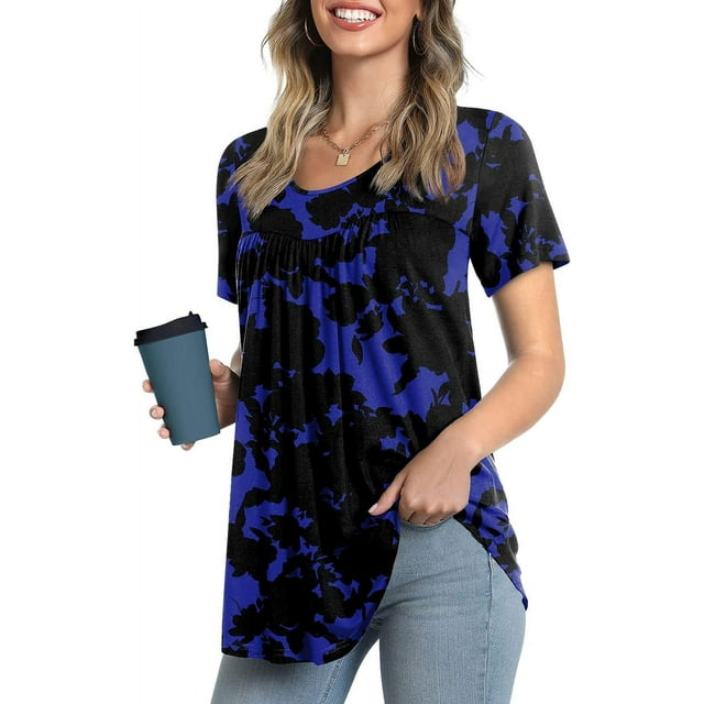 JuneFish Women's Summer Pleated Tops Casual Tee Hide Belly Shirts