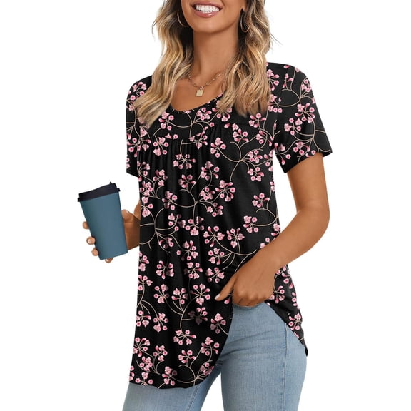 JuneFish Women's Summer Pleated Tops Casual Tee Hide Belly Shirts Blouse for Leggings