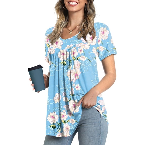 JuneFish Women's Summer Pleated Tops Casual Tee Hide Belly Shirts Blouse for Leggings