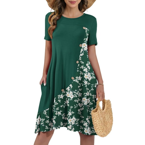 JuneFish Women's Summer Short Sleeve Casual Dress Patchwork Design Dress with Pockets