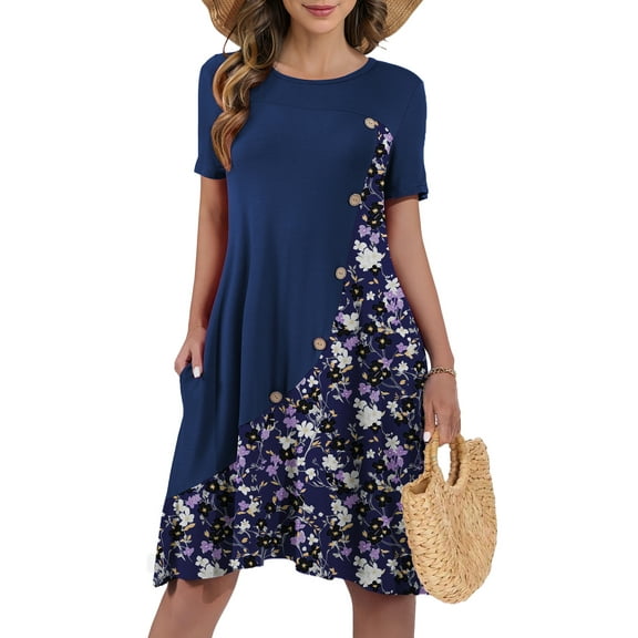 JuneFish Women's Summer Short Sleeve Casual Dress Patchwork Design Dress with Pockets