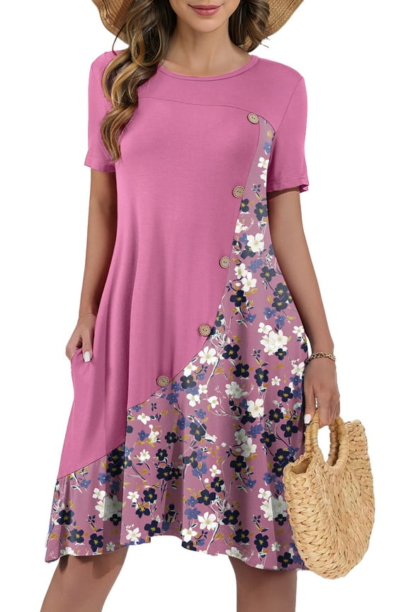 Women's Summer Short Sleeve Casual Dress Patchwork Design Dress with Pockets