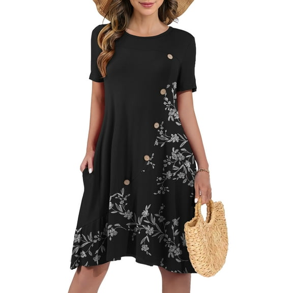 JuneFish Women's Summer Short Sleeve Casual Dress Patchwork Design Dress with Pockets