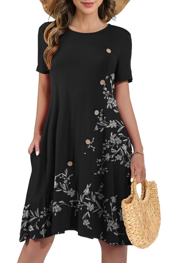 Women's Summer Short Sleeve Casual Dress Patchwork Design Dress with Pockets