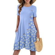 JuneFish Women's Summer Short Sleeve Casual Dress Patchwork Design Dress with Pockets